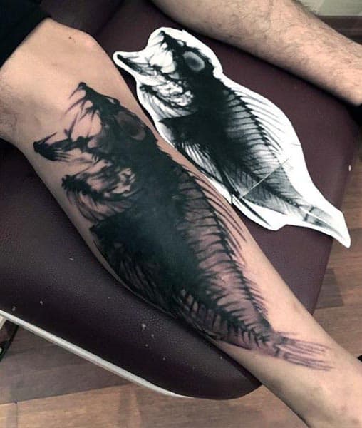 Exotic Fish Bones Mens Watercolor Leg Tattoo