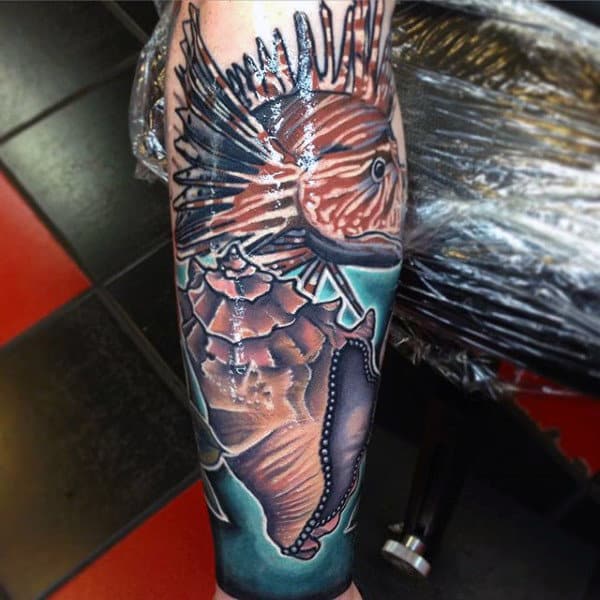 Exotic Fish With Seashell Mens Leg Tattoos