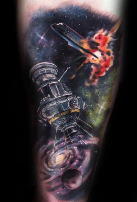 Exploding Spaceship Mens Forearm Sleeve Tattoo