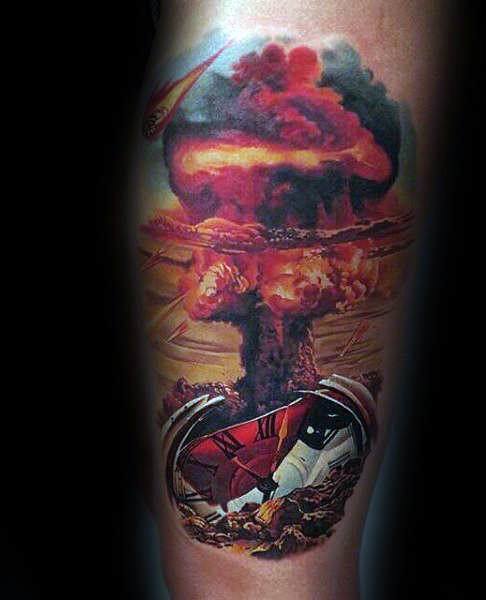 Explosion Mushroom Cloud Clock Forearm Tattoo Designs For Guys