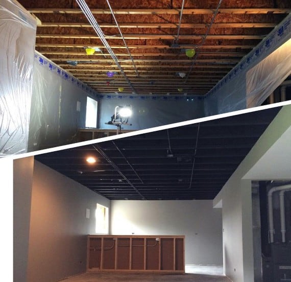 Before and after of a basement ceiling showing exposed beams transformed into a modern finished look.