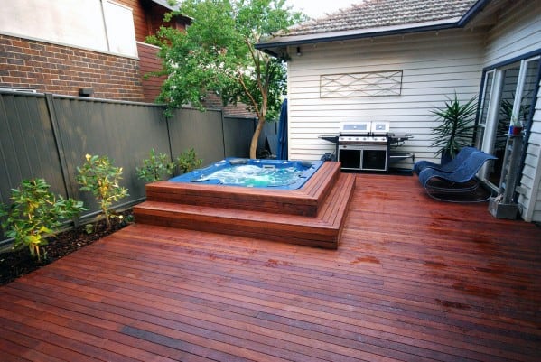hot tub stained wood deck bbq