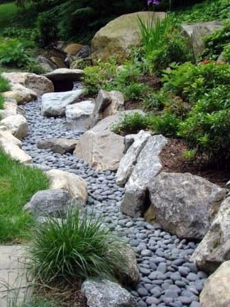 Natural river rock landscaping with dark pebbles and large boulders, accented by green plants and lush vegetation