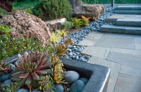 Stylish river rock landscaping with dark pebbles, large rocks, and succulents in a planter, enhancing a pathway with stone steps