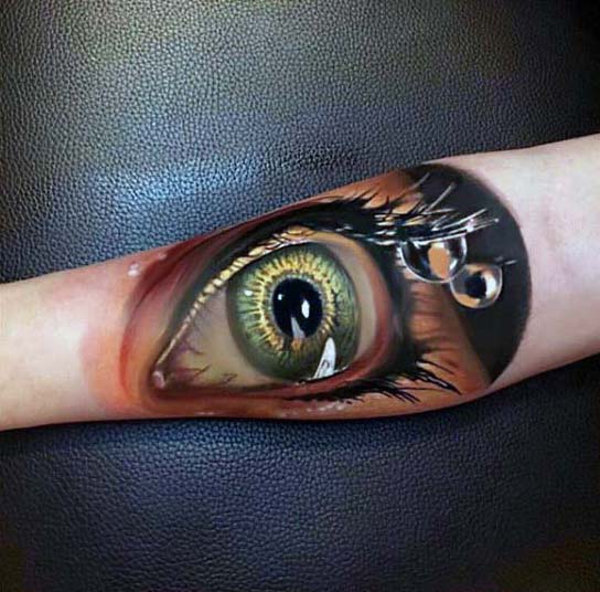 Extreme Realistic 3d Eye With Water Drop Tears Guys Inner Forearm Tattoo