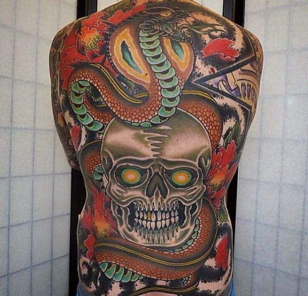Extreme Skull And Snake Mens Full Back Old School Tattoo