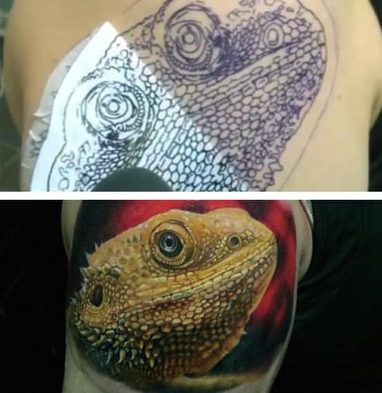 Extremely Detailed Olive Colored Lizard Tattoo On Males Arms