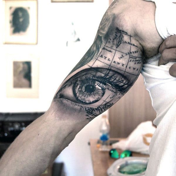 Eye And World Map Tattoo For Males