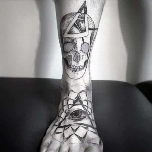 Eye Inside Triangle And Skull Tattoo on a Foot