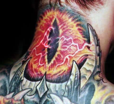 Tattoo of the fiery Eye of Sauron with sharp details on a person's neck
