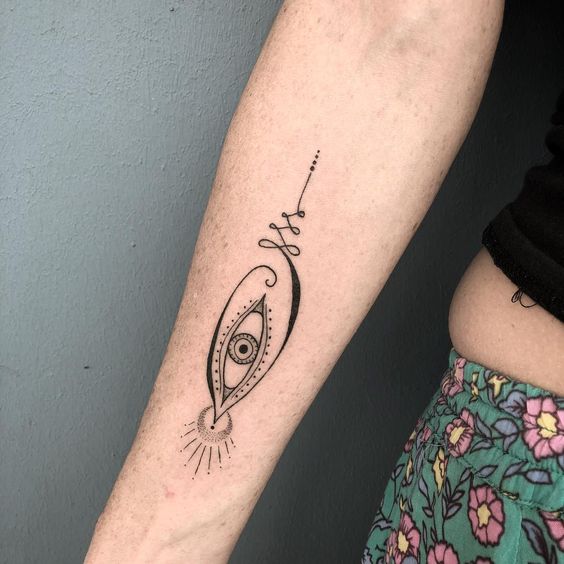 Unalome tattoo with an eye design on the forearm, symbolizing spiritual awareness, intuition, and the journey toward enlightenment.