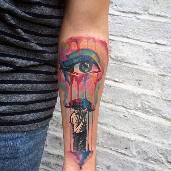 Eye With Colored Tears Fallling On Boy With Umbrella Tattoo Male Forearms