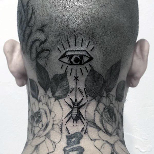 Eye With Dangling Spider Mens Small Back Of Neck Tattoo