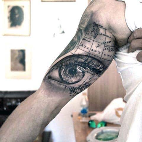 Eye With Map Extreme Guys Quarter Sleeve Tattoo Ideas
