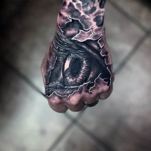 Eye With Ripped Skin Guys Badass Hand Tattoo