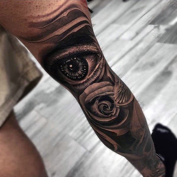 Eye With Rose Mens Leg Tatoto With Black Ink