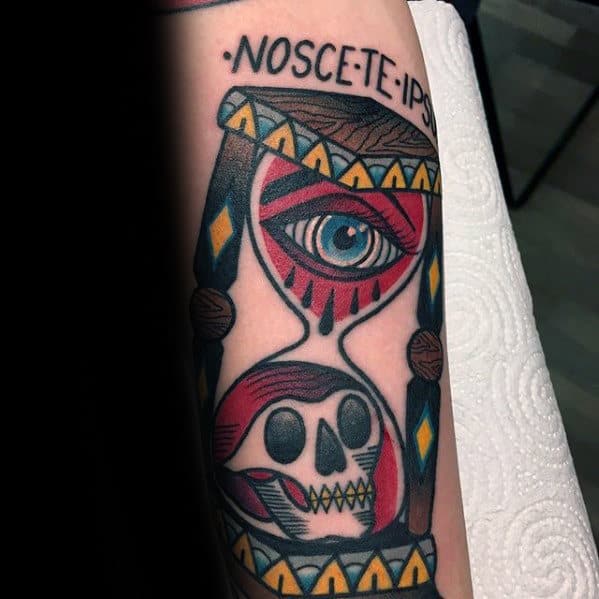 Eye With Skull Traditional Hourglass Forearm Tattoo Designs For Guys