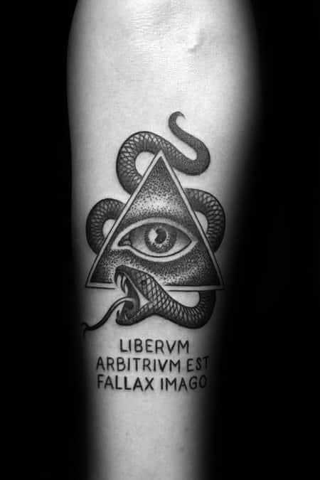 Eye With Snake Latin Quote Inner Forearm Tattoos Male