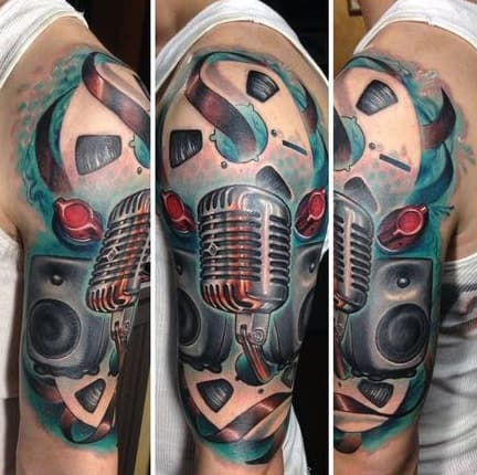 Fabulous Blue And Red Musical Tattoo For Guys