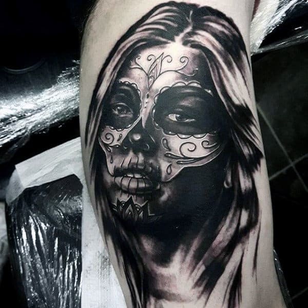 Fabulous Grey Shaded Day Of The Dead Woman Tattoo Mens Forearms