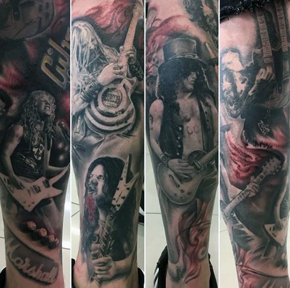 Fabulous Guitar Players Tattoo For Men On Legs