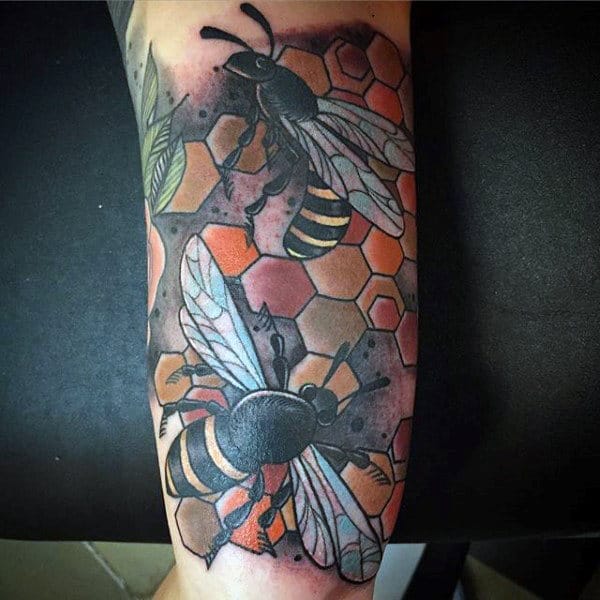 Fabulous Honeycomb And Bees Tattoo Males Forearms