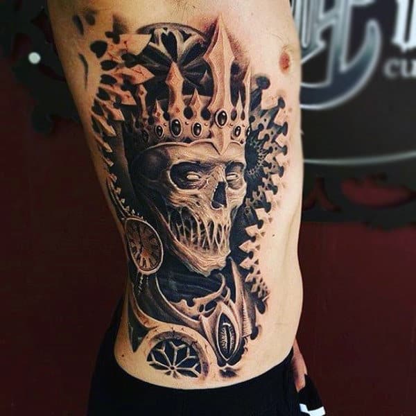 Fabulous Skull With Crown Tattoo Males Side Ribs