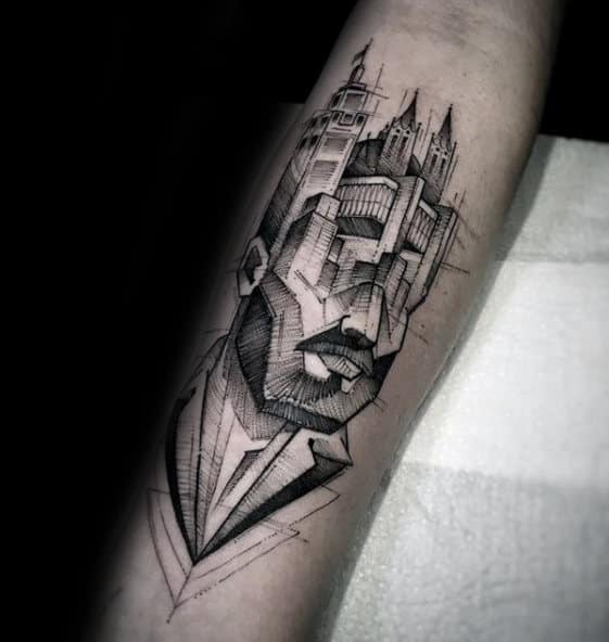 Face Of Man With Skyline Head Guys Forearm Tattoo