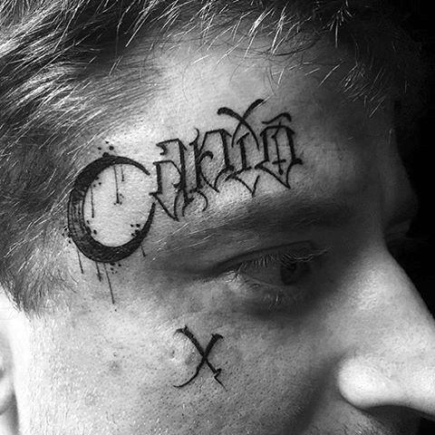 Face Tattoo Of Modern Lettering Design On Gentleman
