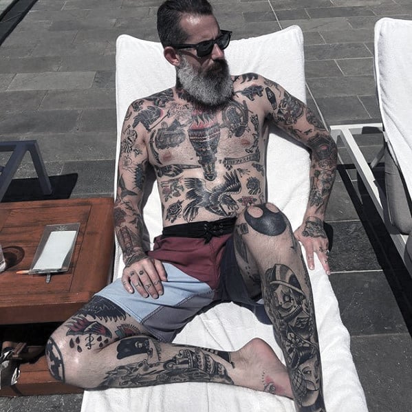 Grey Long Beard, Black Hair, Tattoed Guy