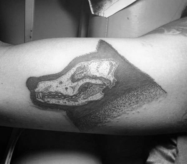 Faded Wolf Skull Male Arm Tattoos