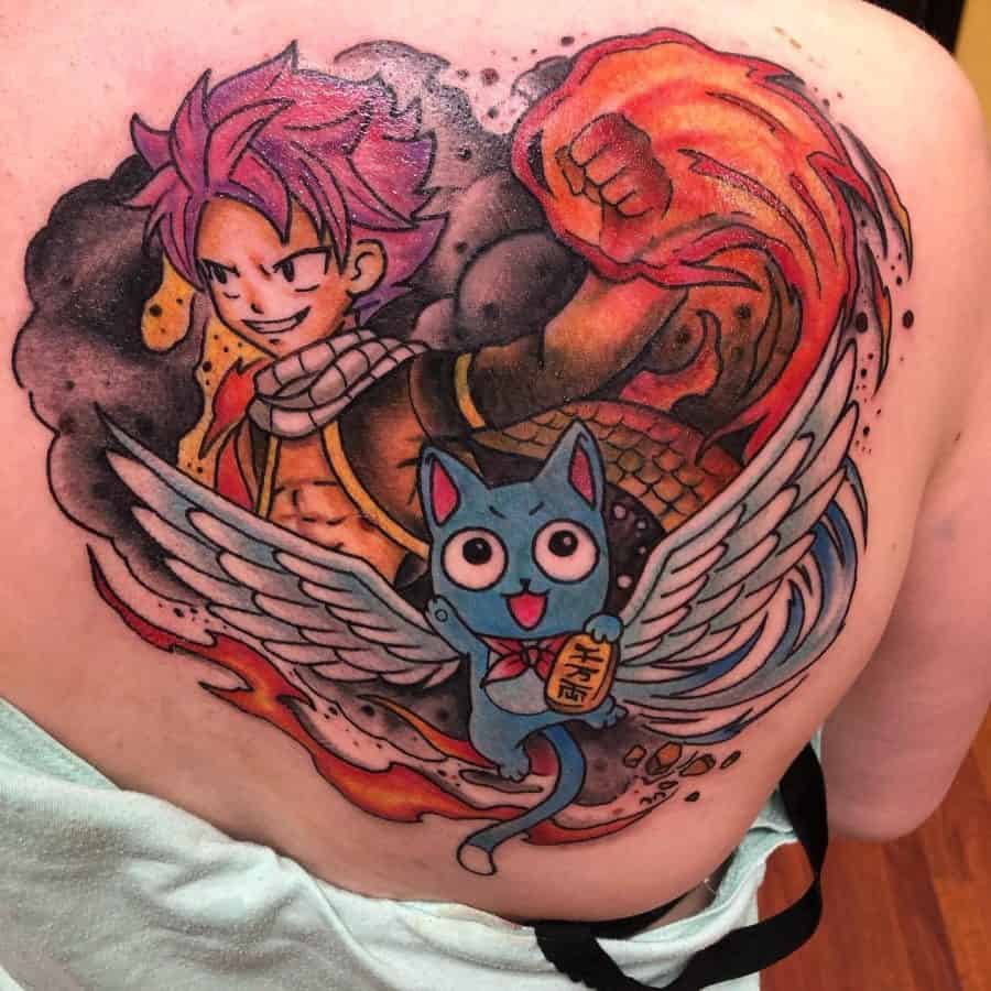 Colorful fantasy anime tattoo of flying blue cat and muscular character with flaming fist