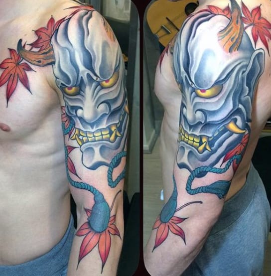 Fall Leaves Mens Hannya Mask Upper Arm Tattoo