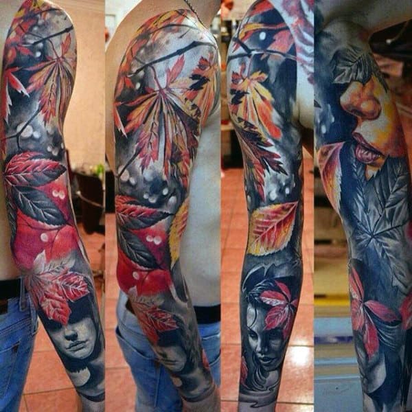 Fall Leaves Themed Mens Full Sleeve Colorful Tattoo Ideas