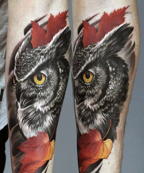 Fall Leaves With Owl Mens Realistic Forearm Tattoo Ideas