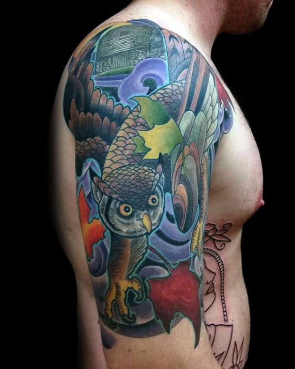 Fall Owl With Leaves Mens Japanese Half Sleeve Tattoo Designs
