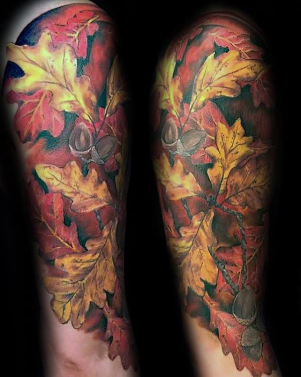 Fall Themed Mens Leaves Half Sleeve Tattoos