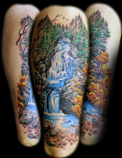 Fall Waterfall Mens Thigh Tattoo