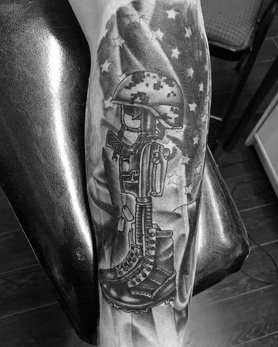 Fallen Soldiers Cross Mens Shaded Black And Grey Falg Leg Tattoo