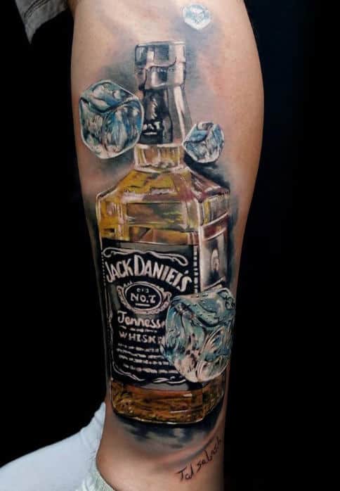 Falling Ice Cubes Male Jack Daniels Leg Tattoos