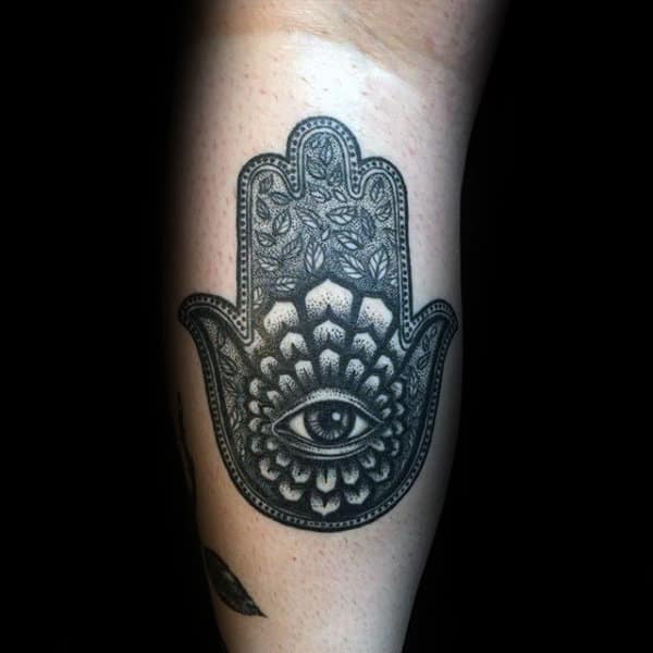 Falling Leaves With Hamsa Mens Leg Calf Tattoo