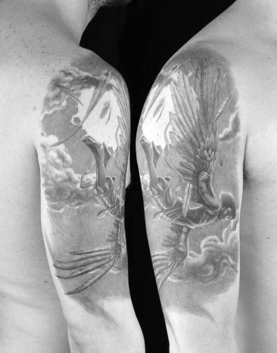 Matching tattoos of Icarus falling through the clouds with broken wings, inked on the upper arms of two individuals.