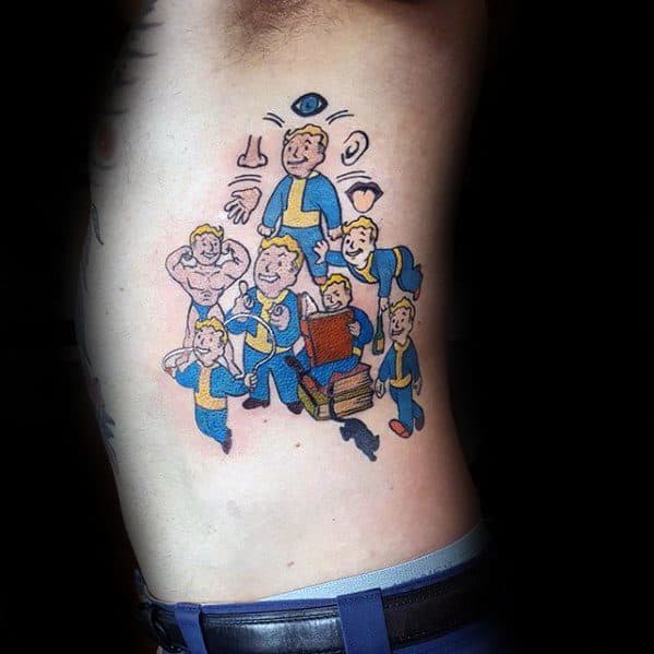 Vault Boy tattoo featuring multiple poses and perks, including strength, intelligence, and charisma, in a vibrant and playful layout.