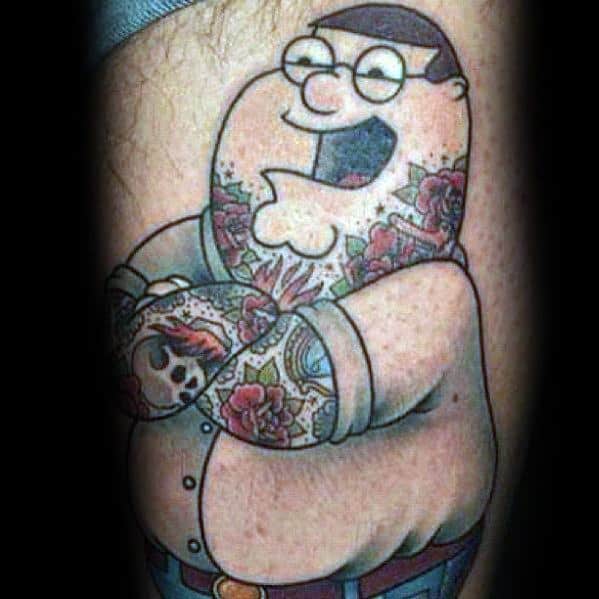 Tattoo of Peter Griffin from Family Guy with full sleeve and neck tattoos, featuring floral and skull designs, depicted in a bold and colorful style.