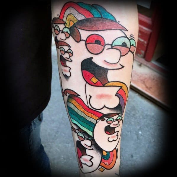 Tattoo of Peter Griffin from Family Guy in a psychedelic, distorted style with multiple rainbow-trailing faces, creating a trippy visual effect.