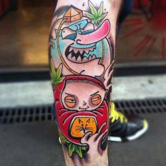Tattoo of Stewie Griffin from Family Guy in a stylized, vibrant design, featuring exaggerated expressions, bold colors, and surreal elements.