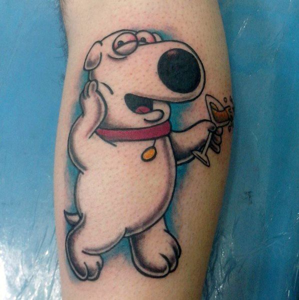 Tattoo of Brian Griffin from Family Guy holding a martini glass, looking relaxed and stylish with a smug expression and his signature red collar.