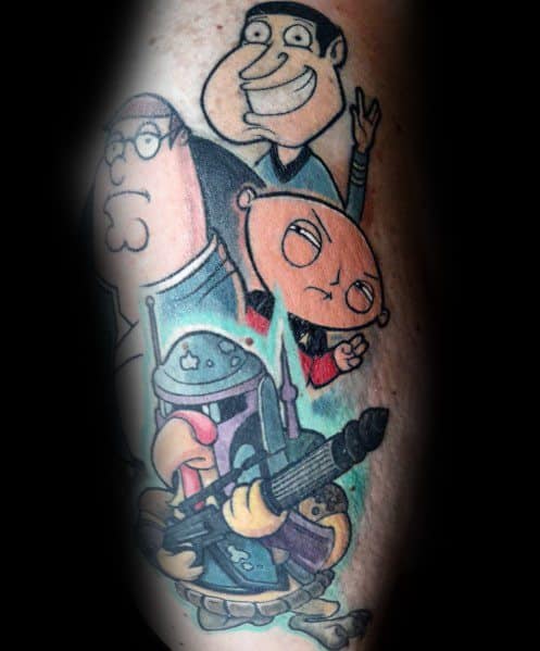 Tattoo of Family Guy characters in a Star Wars parody, featuring Peter, Quagmire, Stewie as a Jedi, and the Giant Chicken dressed as Boba Fett.