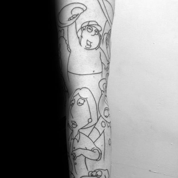 Outline tattoo of Family Guy characters, featuring Peter, Lois, and others in a minimalistic black ink design with bold linework.