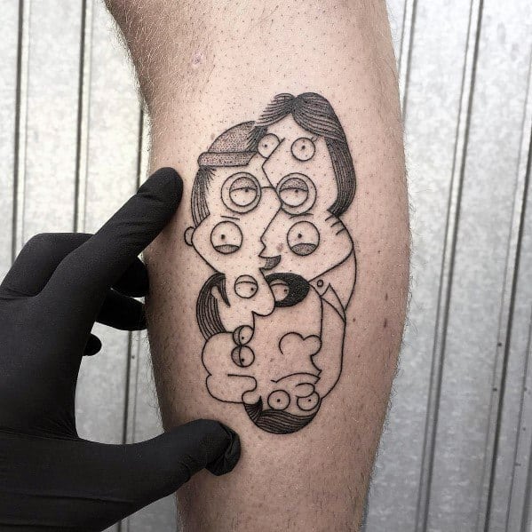 Tattoo of Peter and Lois Griffin from Family Guy in a surreal, abstract design with overlapping faces and multiple eyes, done in black ink.